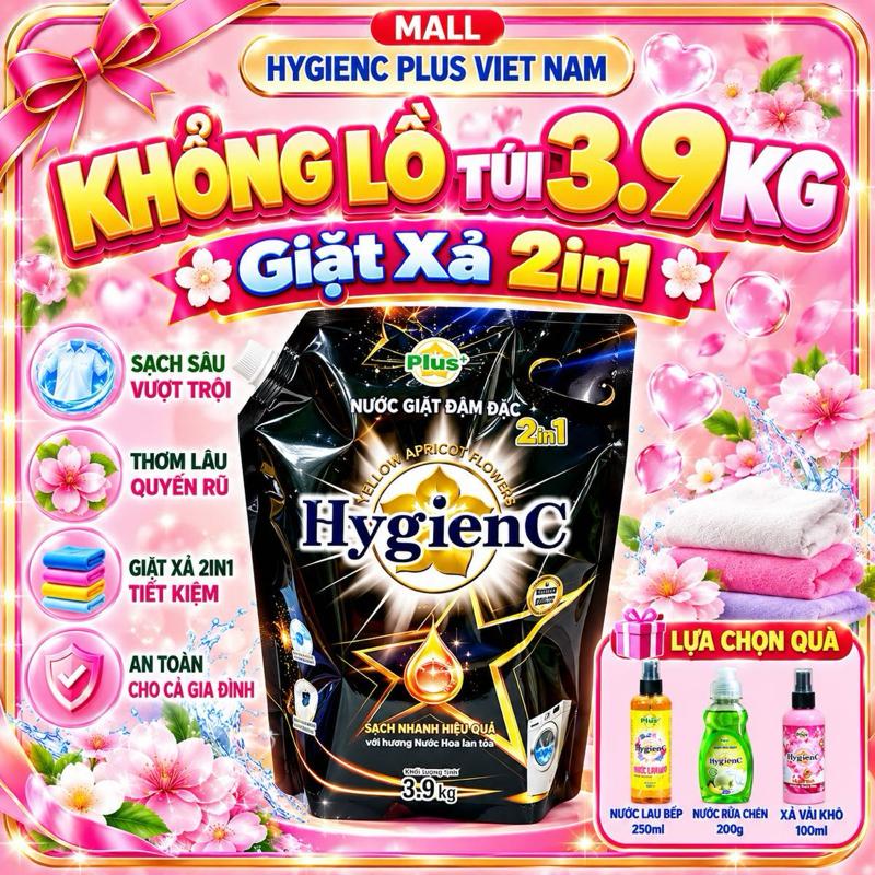 Túi lớn 3.9kg Giặt Xả 2in1 HygienC Premium, Hàng Chuẩn CTY có hoá đơn, kiểm định, công bố, tặng kèm quà tuỳ chọn. Làm sạch sâu, thơm lâu