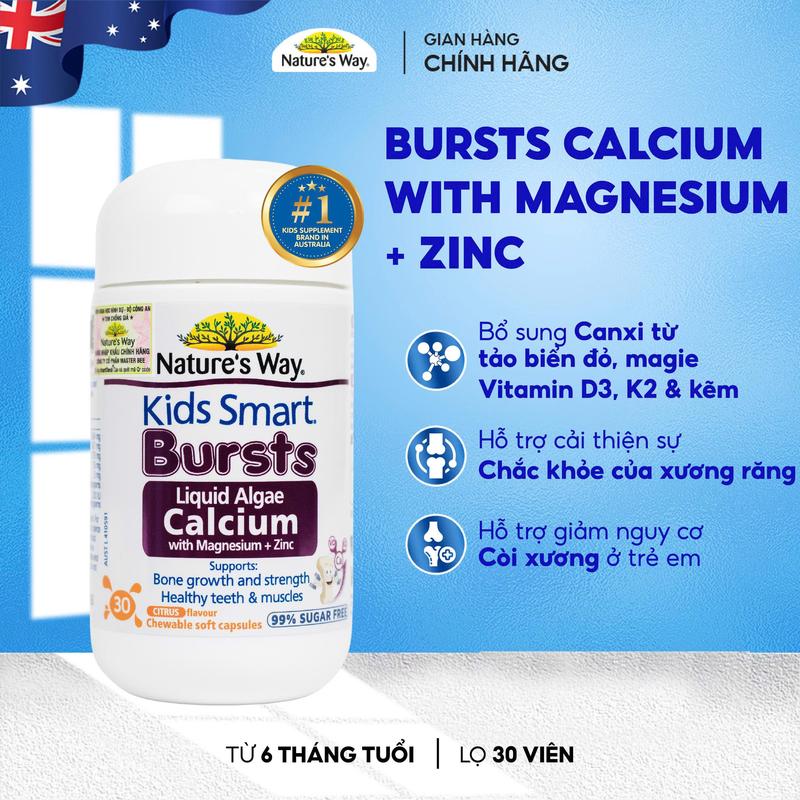 [TM] Viên Nhai Nature's Way Kids Smart Bursts Liquid Algae Calcium With Magnesium + Zinc - Calci tổ ong tảo biển đỏ Aquamin F bổ sung Vitamin D3 + K2 - Hỗ trợ phát triển xương, răng chắc khỏe - 30 viên
