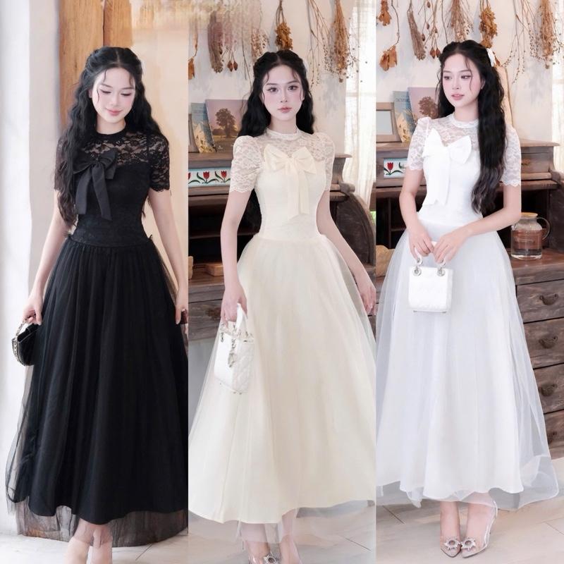 MiAn Dress Váy ren nơ ngực phối chân lưới dài A585 Chất liệu ren lưới