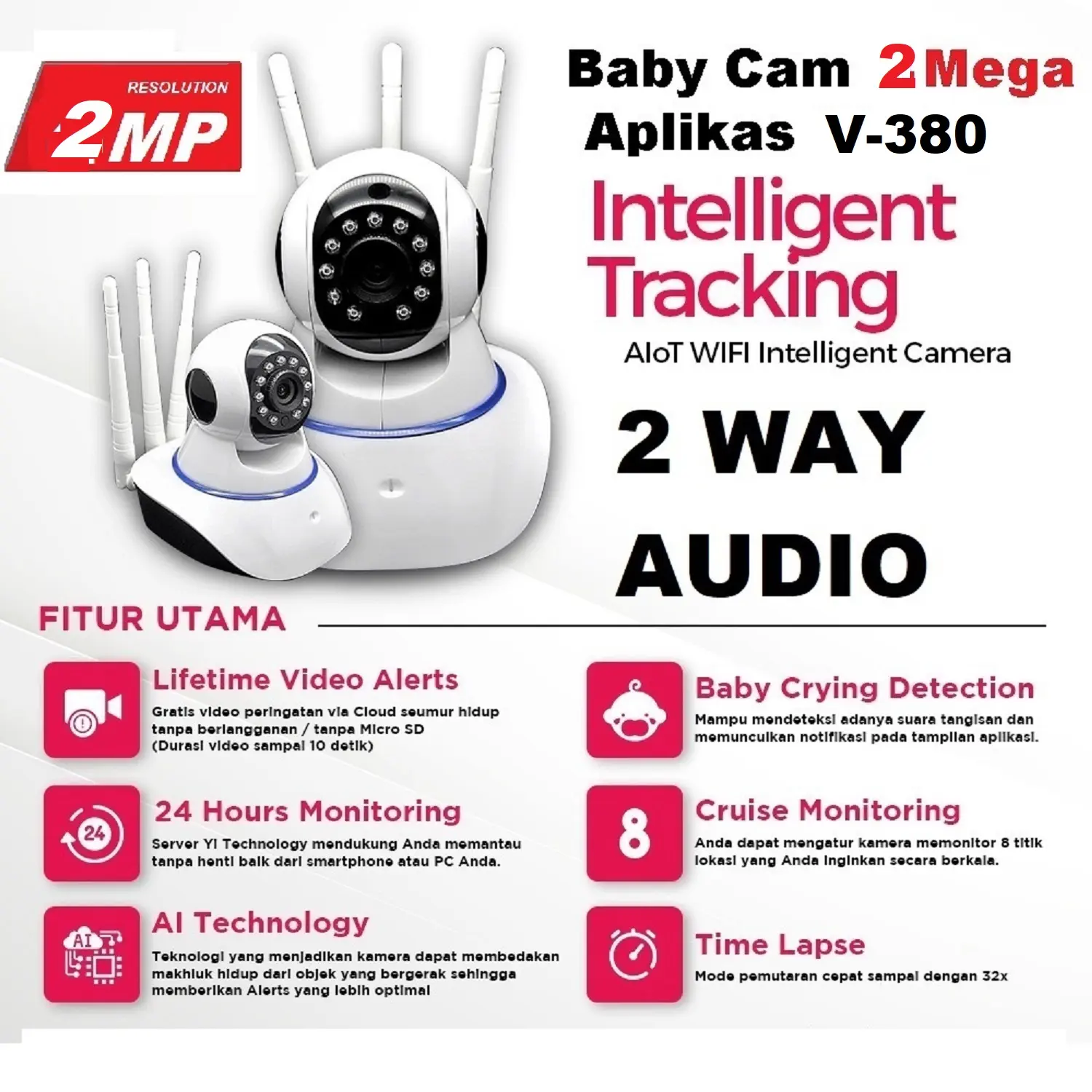 IP Baby Wifi Cam2MP Wireles 2Way Audio Pan 355/Tilt 90 derajat 3Antena Aplikasi V380