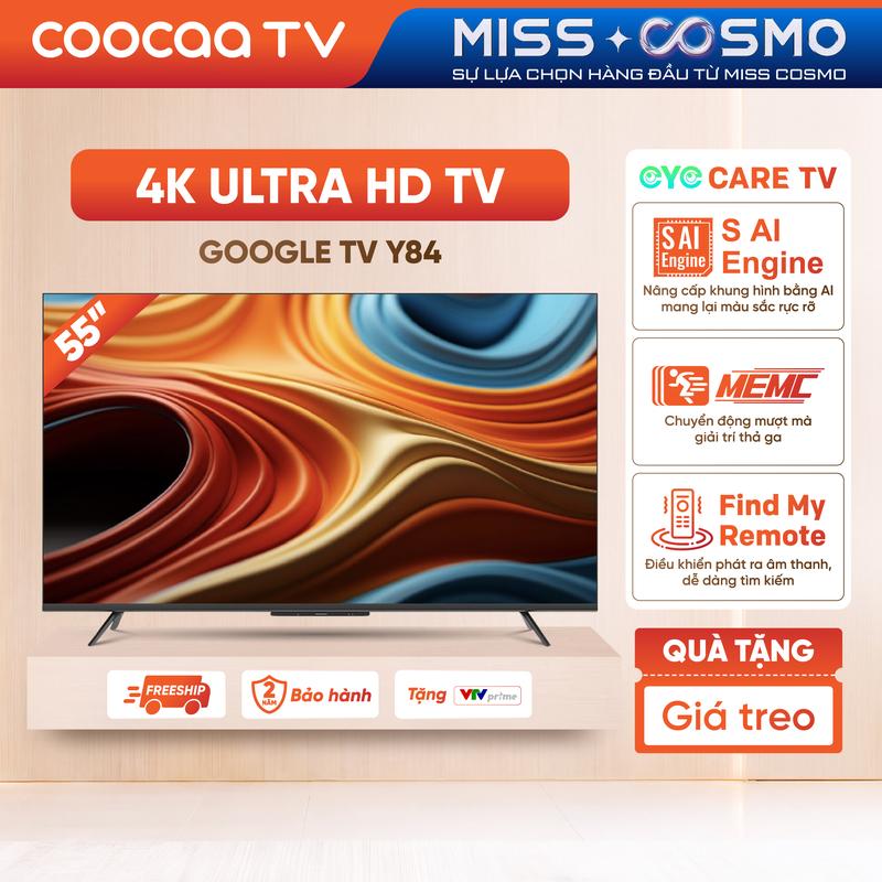 coocaa Smart Tivi - 55Y84 55 Inch Độ Phân Giải 4K UHD HDR10 Dolby Audio Bluetooth WiFi Âm Thanh Trung Thực Bảo Vệ Mắt Treo Tường TV 2GB RAM 16GB ROM 2 Năm Bảo Hành