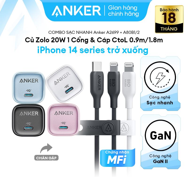 [COMBO 20W/30W Củ Zolo + Cáp Bio-based] [Dành cho iPhone 8 đến iPhone 14] - Combo sạc nhanh Anker 20W/30W - Củ sạc nhanh Anker Zolo GaN 20W/30W 01 cổng USB-C chân gập  & Cáp sạc nhanh Anker 542 Bio-Based thân thiện với môi trường A269+A80B
