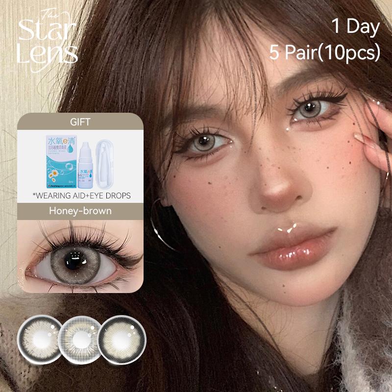 Kính áp tròng, Starlens lens mắt xịn chính hãng, 10 cái, với lớp 0.00-8.00, được sử dụng trong 1 ngày, màu nâu / xám / xanh da trời hỗn hợp, đường kính ống kính 14,5 / 14,2mm,với các cấp độ 0-8,lens mắt 1 lần