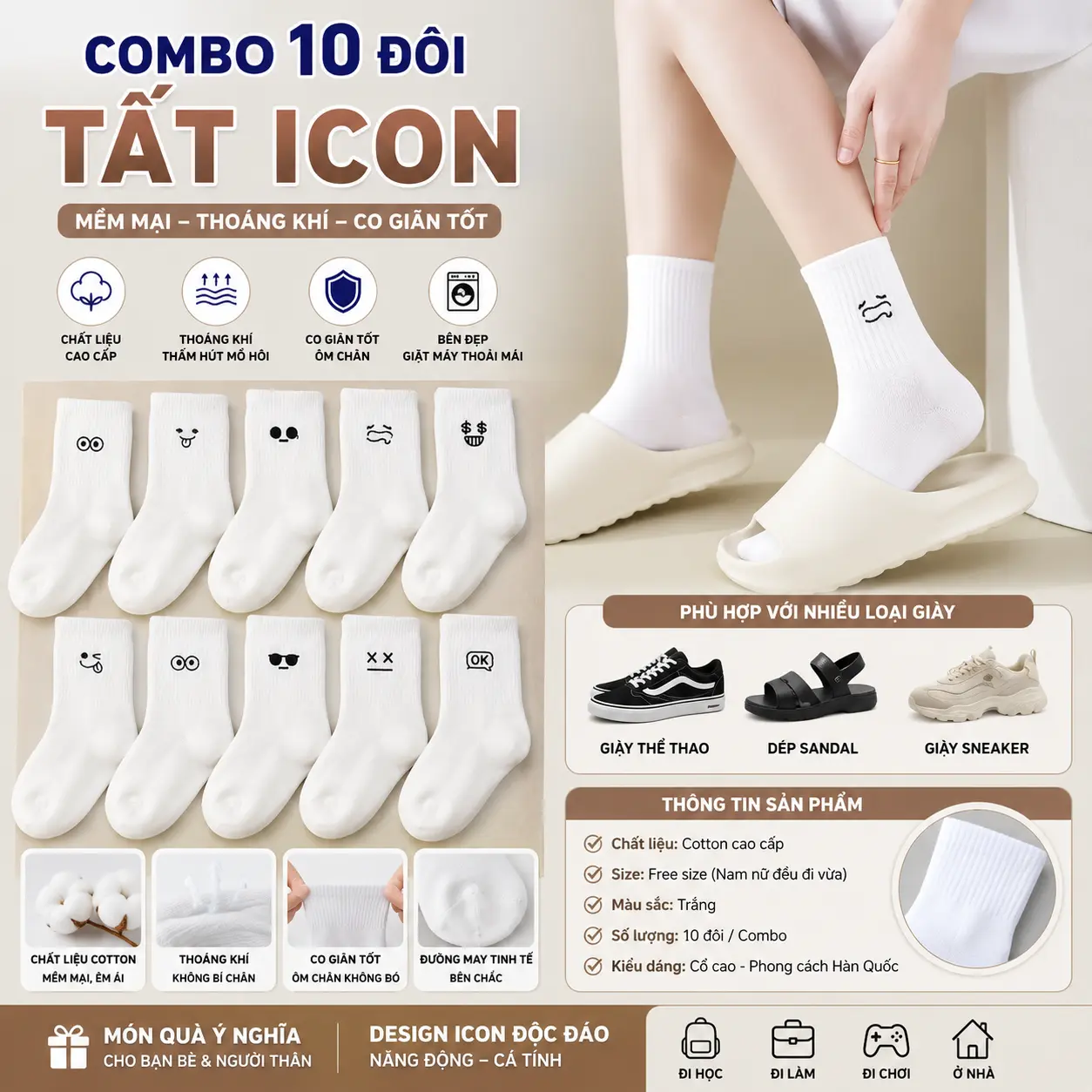 Combo 10 Đôi Tất Trắng In Hình Icon Cảm Xúc Chất Liệu Cotton Mềm Mại Thấm Hút Mồ Hôi Tốt Phong Cách Trẻ Trung Thời Trang Cho Mọi Dịp