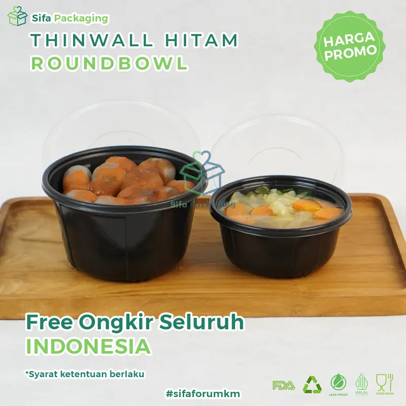 [25 PCS] Thinwall Mangkok Bulat + Tutup 200ml 400ml   Round Bowl Hitam Wadah Plastik Tempat Kue Snack Food Container Mangkuk Bubur Baso 0