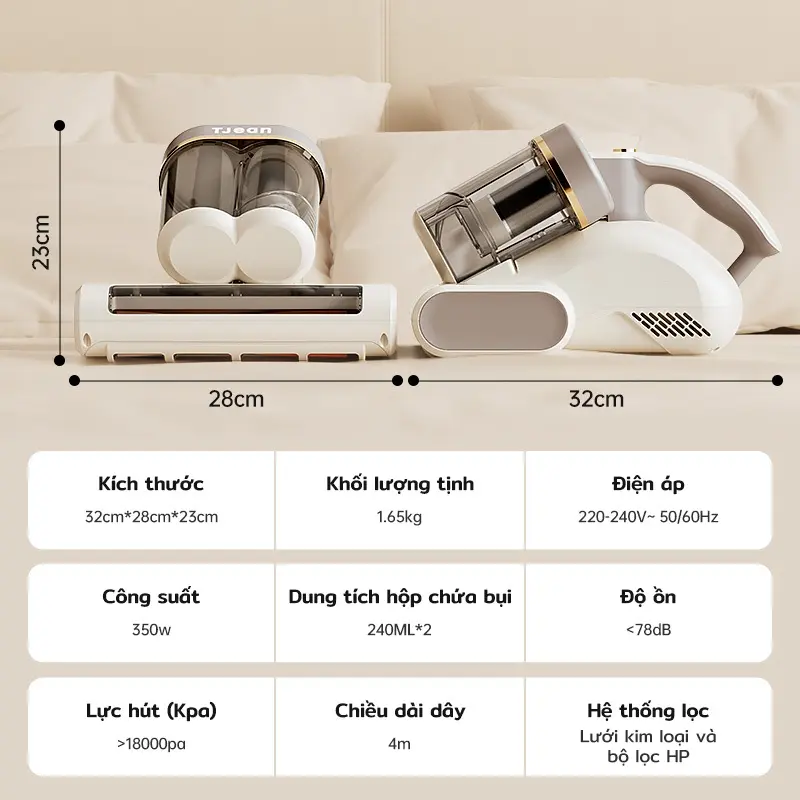 Máy hút bụi cầm tay TJean cho giường nệm – Lực hút 18Kpa, UV diệt khuẩn, hộp bụi kép 8
