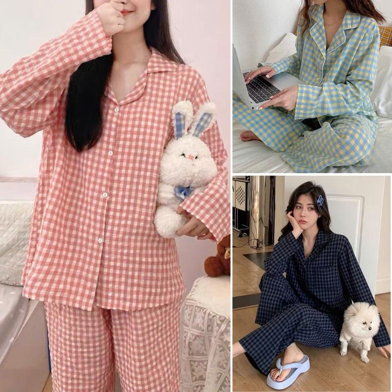 Bộ pijama kẻ caro tay dài quần dài cho nữ, bộ dài tay mặc nhà họa tiết caro viền áo cổ bẻ basic