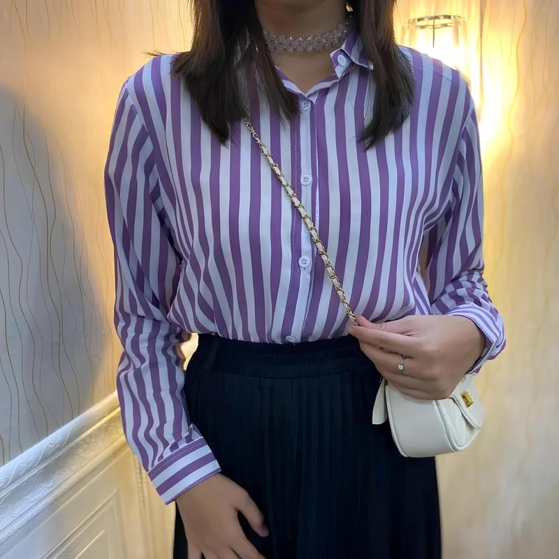 OGM - Outfit Kemeja Wanita Motif Salur Stripe Poly Rayon Nyaman Kekinian 8