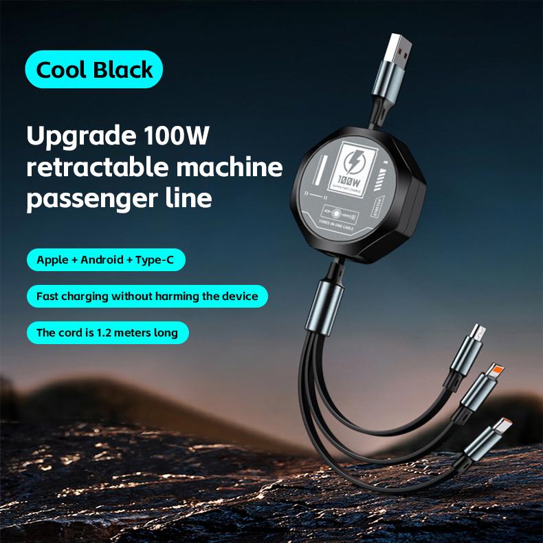 Reabol 3 in 1 Retractable USB 100W Fast Charging Cable Micro USB 5A Type-C for iPhone Samsung Xiaomi