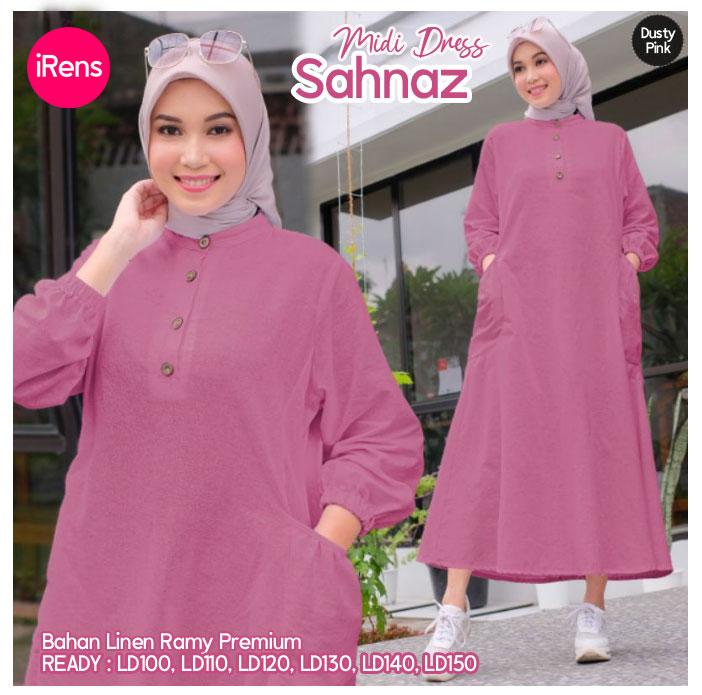 Sahnaz Midi Dress Wanita Muslim Korean Style Bahan Linen Rami Premium Busui Friendly Gamis Kancing Sangat Adem dan Nyaman 4