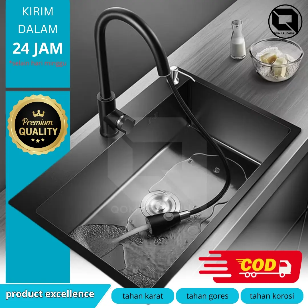 01 | Bak cuci Piring hitam 1 Lubang Kitchen sink Hitam Stainless Set Kran Tarik wastafel hitam