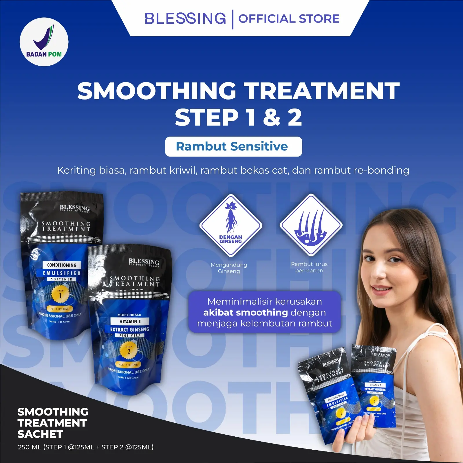 BLESSING Smoothing Treatment Step 1 & 2 - 125 Ml | Hair Straightener with Vitamin E | Extract Ginseng | Aloe Vera | Conditioning Agent | Bonding Pelurus Rambut Untuk Rambut Keriting dan Rambut Rusak
