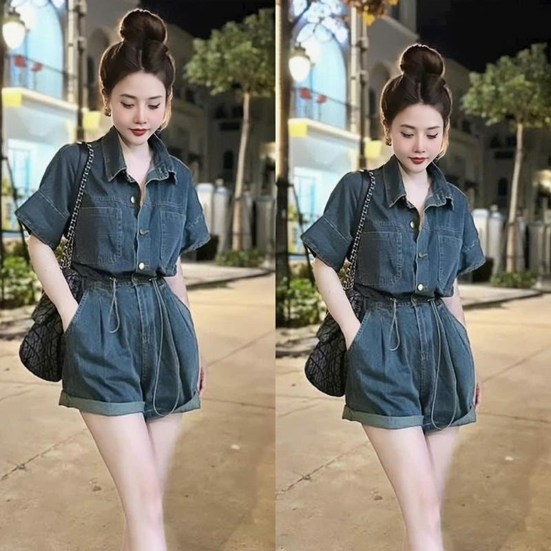 Set jum nữ jean tay ngắn cổ bẽ cài nút thật form ngắn thắt dây eo xinh xắn tôn dáng dành cho nàng diện di chơi.