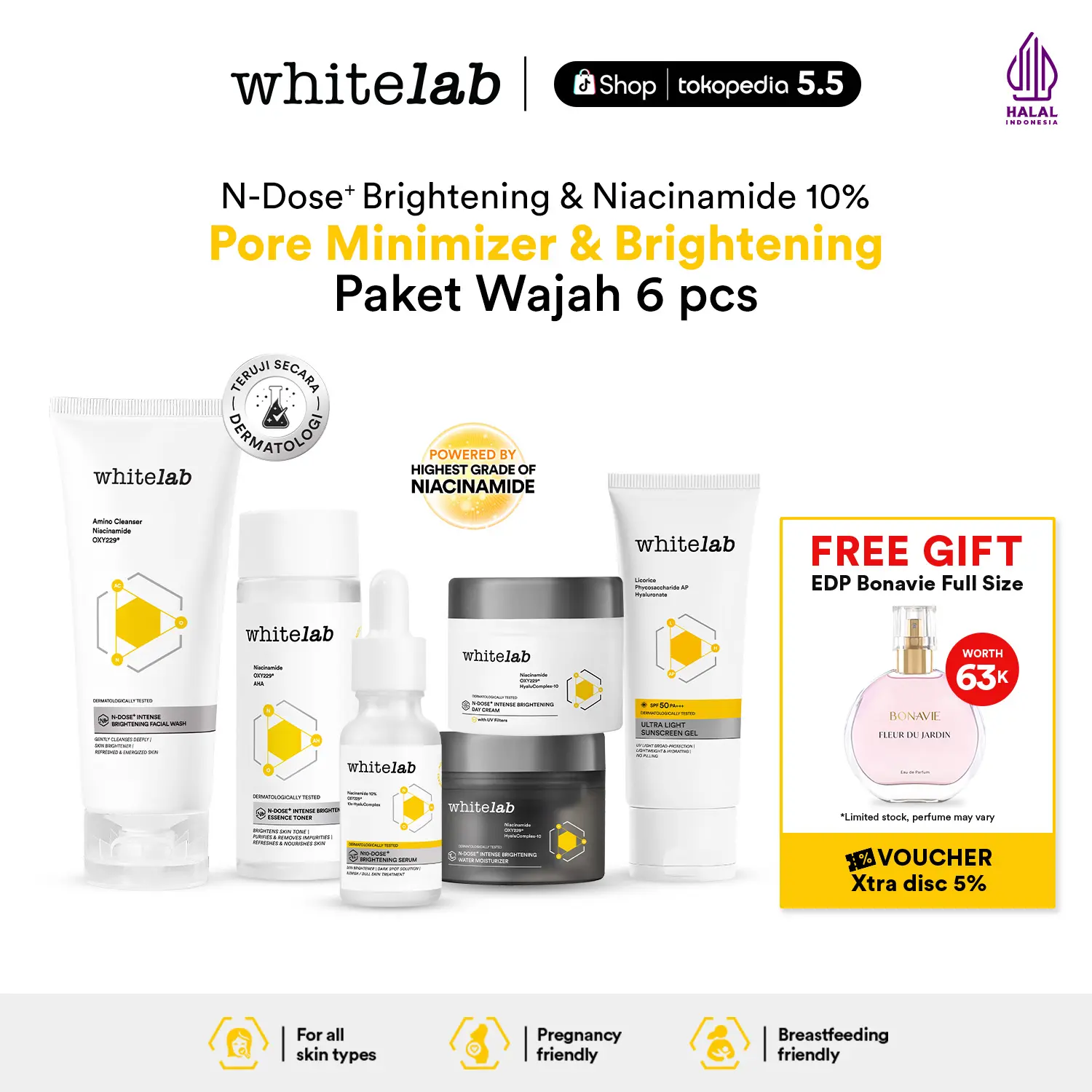 Whitelab 6pcs N-Dose+ Brightening Paket Wajah - Facial Wash, Toner 
