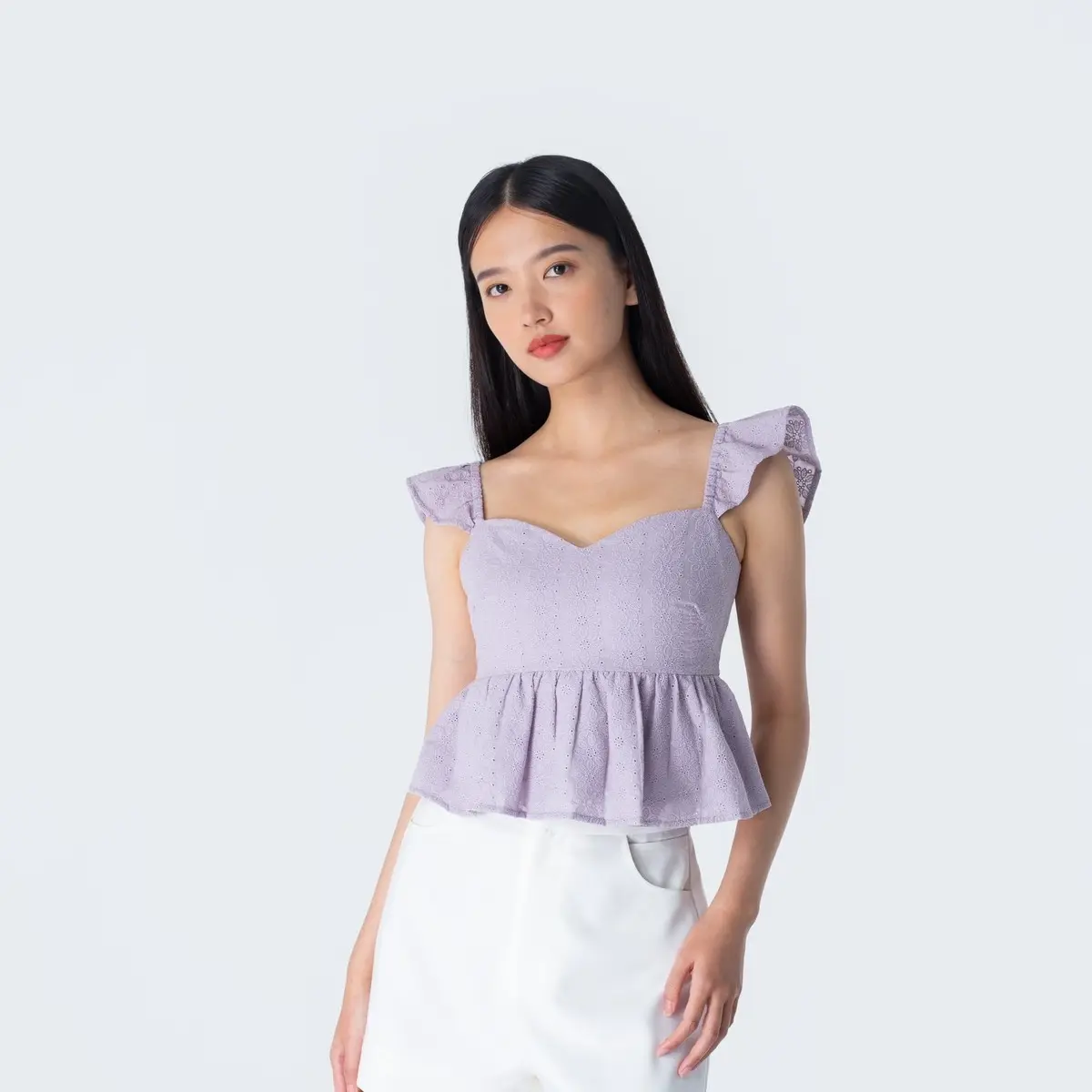 Sage Eyelet Flutter Sleeves Top - Lilac