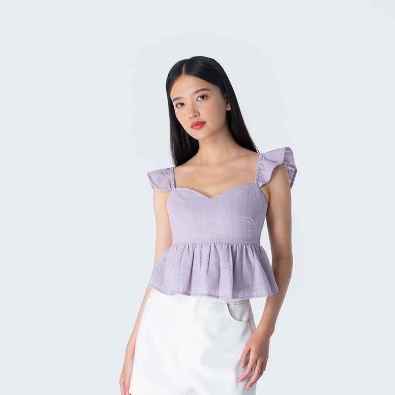 Sage Eyelet Flutter Sleeves Top - Lilac 0