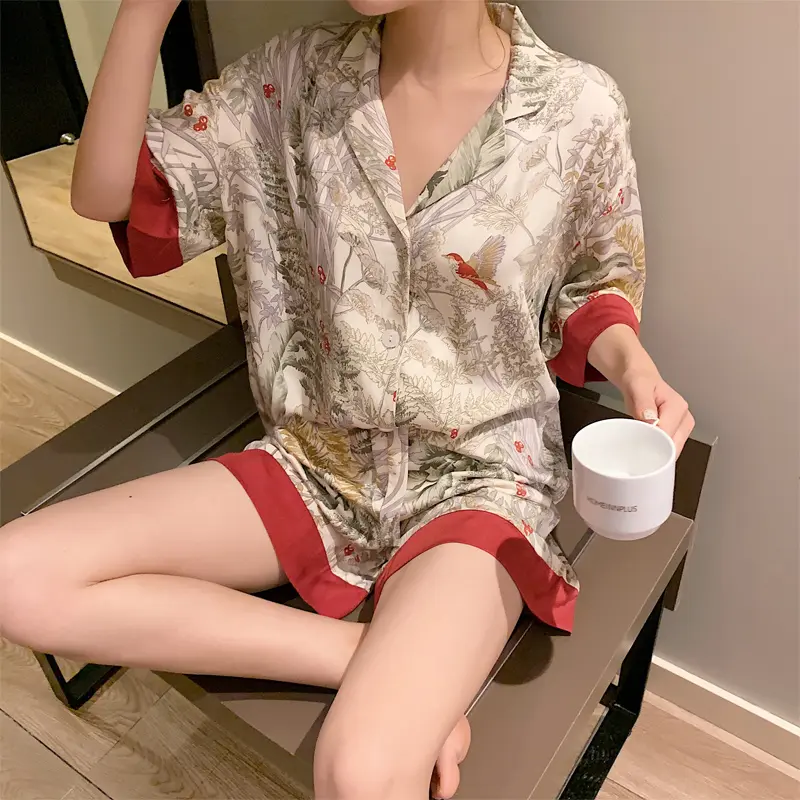 Pajamas women summer thin cardigan short-sleeved shorts casual home suit can be worn