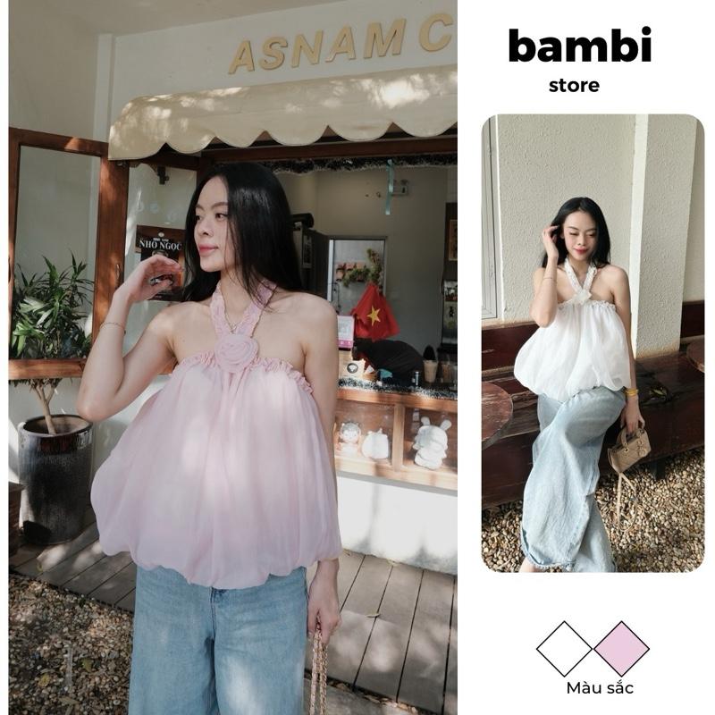 Bambi Áo yếm bèo phồng hồng và trắng