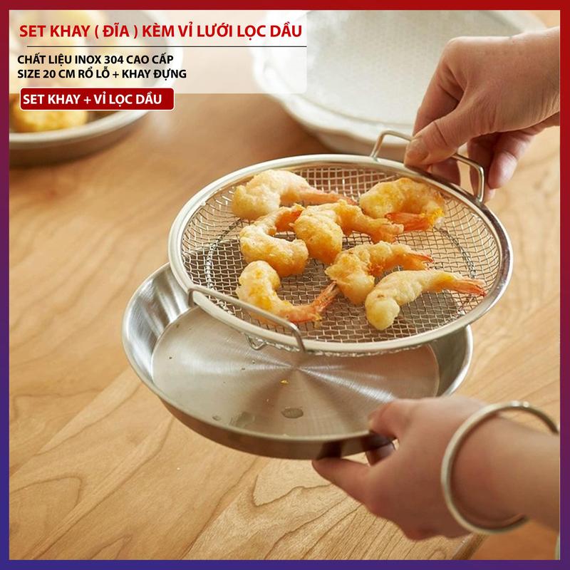  Set Khay  Đĩa   Kèm Vỉ Lưới Lọc Đầu Chất Liệu Inox 304 Cao Cấp size 20cm Rổ Lỗ 