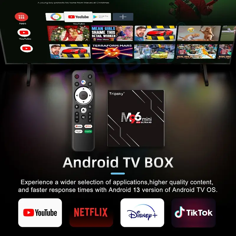 Tripsky android tv box wifi set box tv android M96mini With voice remote control 4GB+32GB ROM TV Set-Top Box Set with WiFi Bluetooth HDMI RCA USB Ethernet support. Support cod Gratis Ongkir Rp0 Pengiriman Gratis. 2