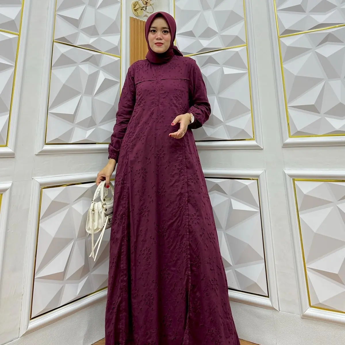 Rilza Gamis midi katun bolong bordir premium terbaru Jepang Kancing Muslim Tebal Dress Wanita Panjang Variasi