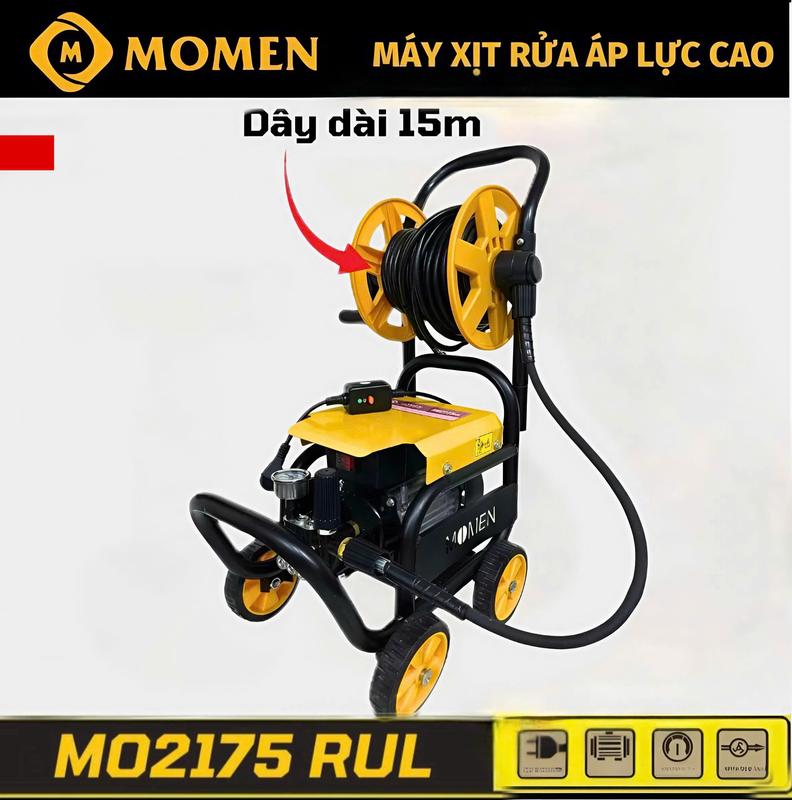  COMBO Máy Rửa Xe Momen 2175RUL - Lõi Đồng - Dây Dài 15m +Có Rulo Cuốn Dây Và Khung 4 Bánh Xe 