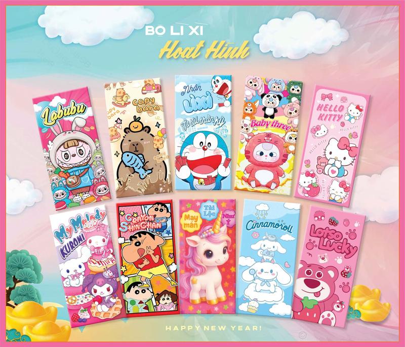 Combo 100 bao lì xì labubu capybaza gấu dâu nhiều mẫu hoạt hình dẽ thương