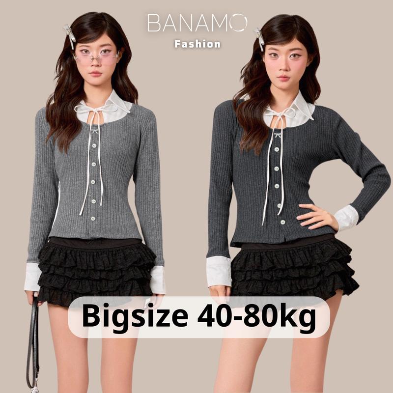 Áo len nữ Bigsize Banamo Fashion tay dài cổ sơ mi phối dây thắt nơ form ôm tôn dáng siêu xinh 3114