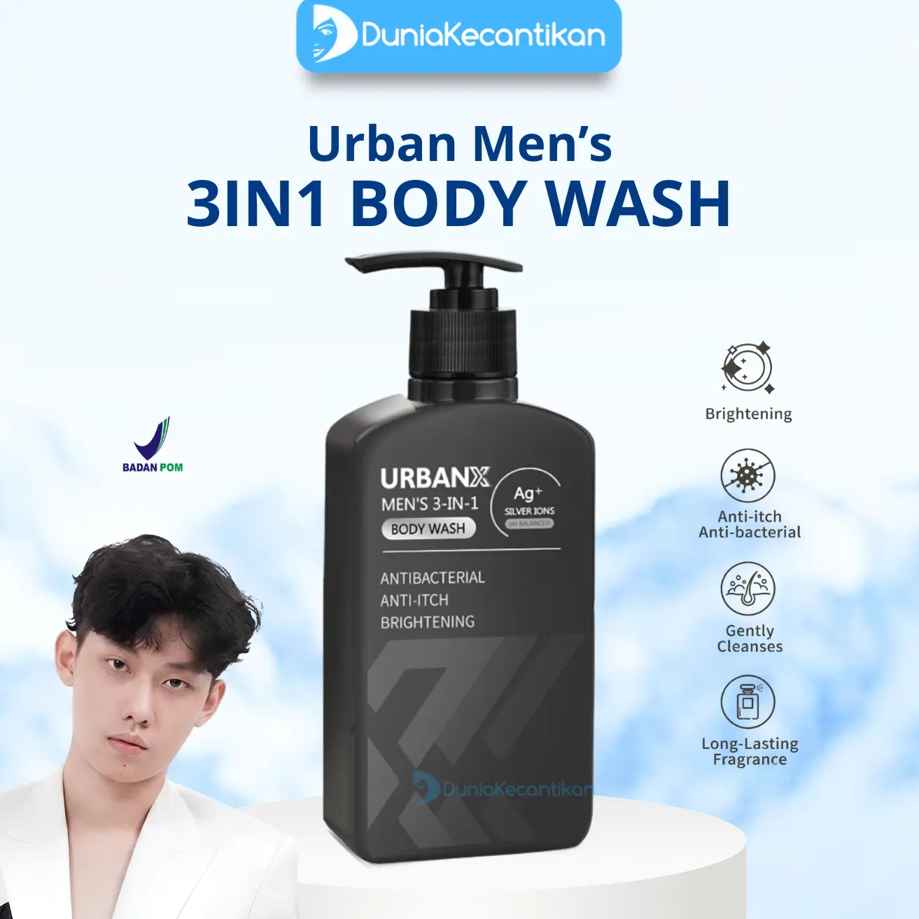 URBANX Men's 3-in-1 Body Wash Ag+ SILVER IONS Membersihkan Kotoran & Minyak Berlebih Mencerahkan Kulit Secara Merata