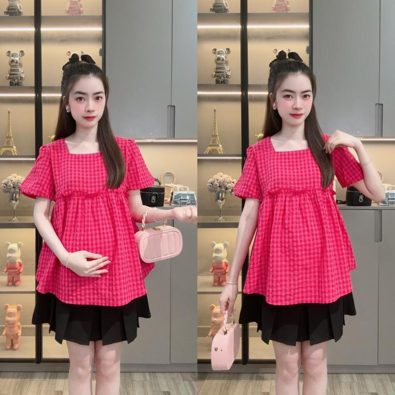 BEST SELLER 50 - 95kg Áo Bầu Caro Cổ Vuông Tay Phồng Nhún Eo Nơ Sau Lưng Mặc Đi Làm Đi Chơi Chất Mát