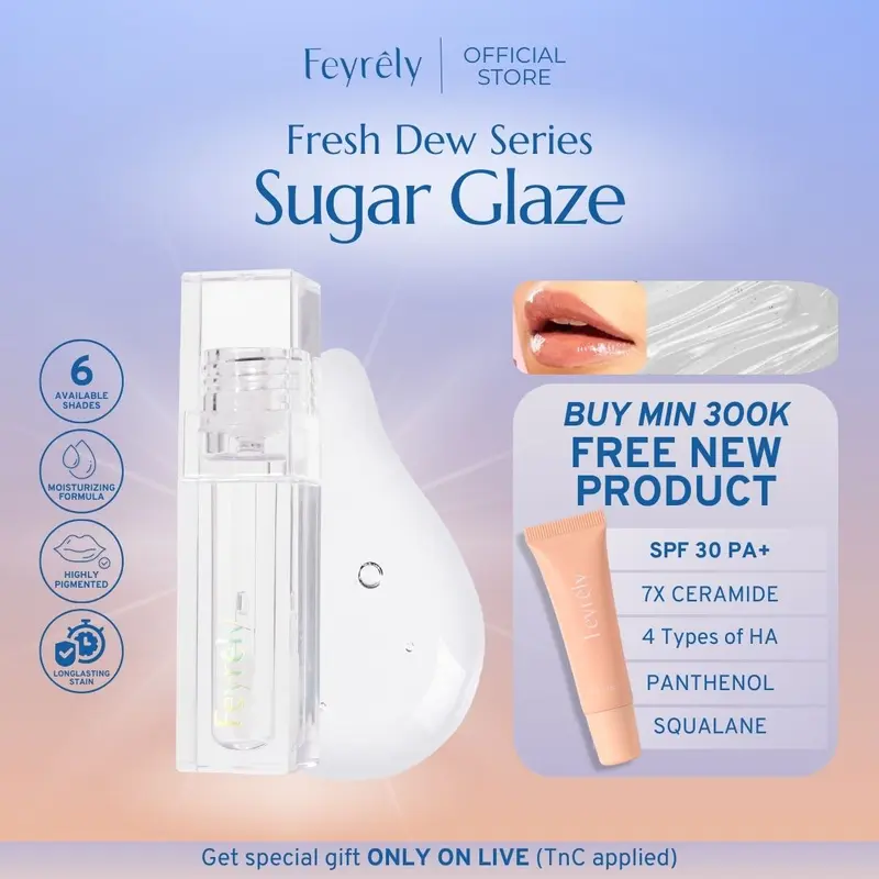 FEYRELY Fresh Dew Tint 4,5ml - 00 Sugar Glaze  Lip Gloss Glossy Plumpy Moist Tahan Lama dan Cocok untuk Bibir Gelap Lipstick Liquid Liptint Lipstik 0