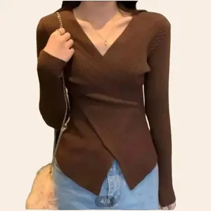 Jiso Knitwear Cardigan V-neck Korean Style Top Wrap Baju Atasan Rajut Cewek Dewasa Crop Lengan Panjang.