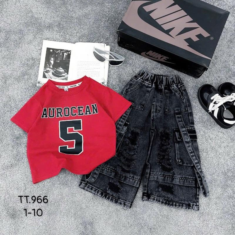 <ST> Set áo cotton đỏ số 5 mix quần jean túi hộp 0