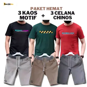Paket hemat 3 Kaos Motif + 3 Celana Pendek chinos Pria  Dewasa Distro Combed Semi Keren