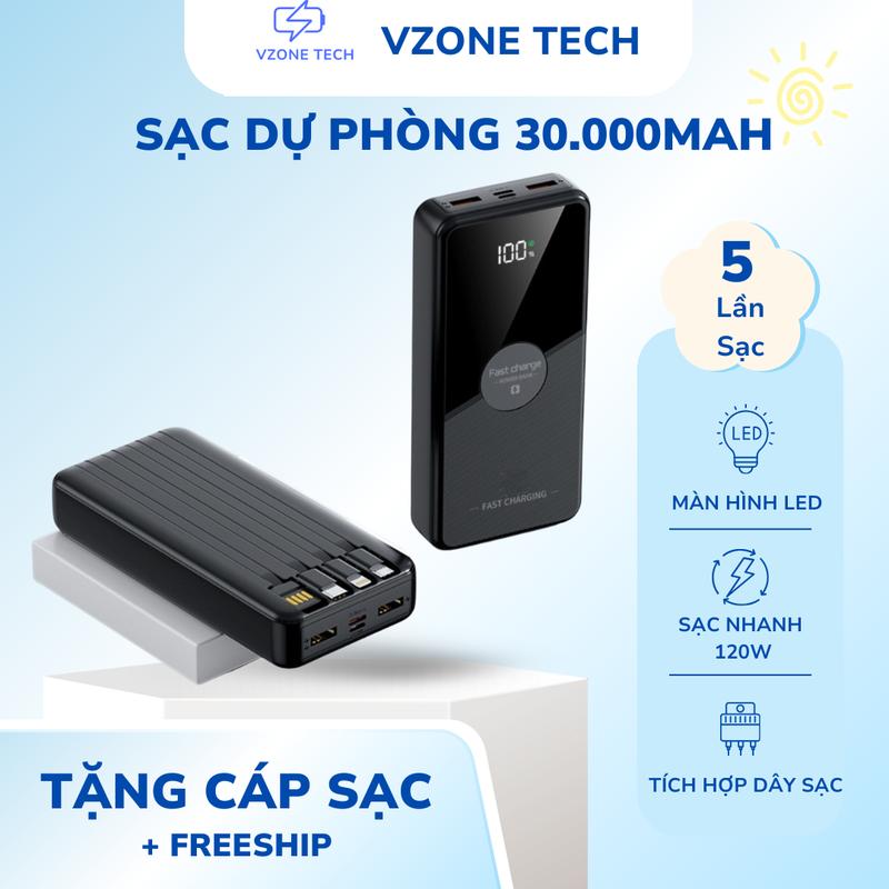 Pin Sạc Dự Phòng 30000mAh Sạc Nhanh 22.5W/120W Powerbank LED Hiển Thị Dung Lượng Pin, Tích Hợp Dây Cáp Sạc