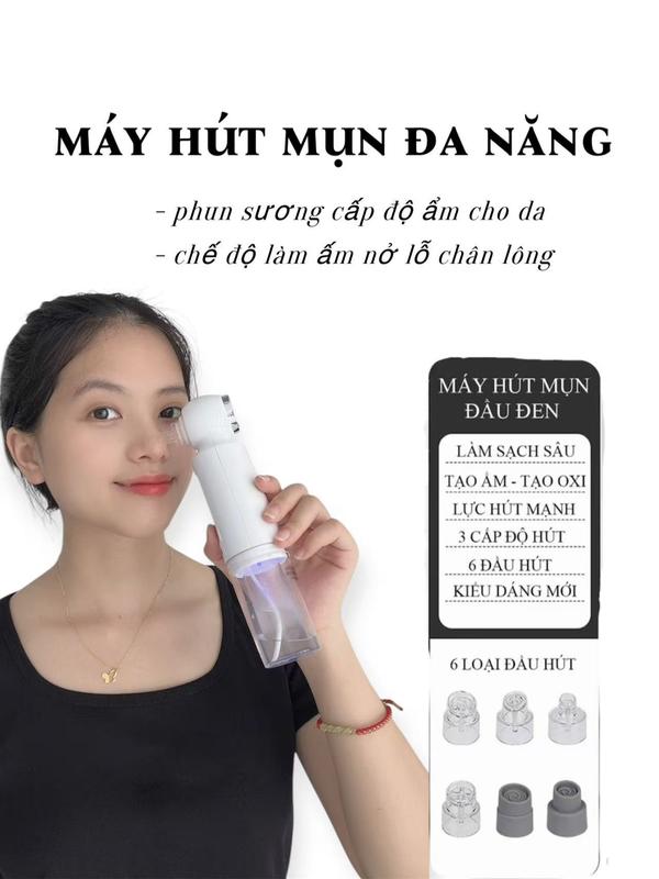 Máy Hút Mụn Đa Năng Hút Mụn Đầu Đen Mụn Cám Dầu Thừa Phun Sương Nóng Lạnh 6 Đầu Hút