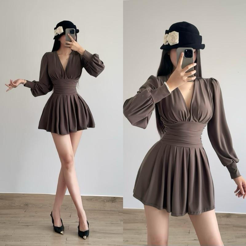  Đầm váy body nữ tay phồng cổ chữ V kiểu dáng ngắn xoè xếp ly phong cách thời trang sang chảnh Lolystore dress women XY702 