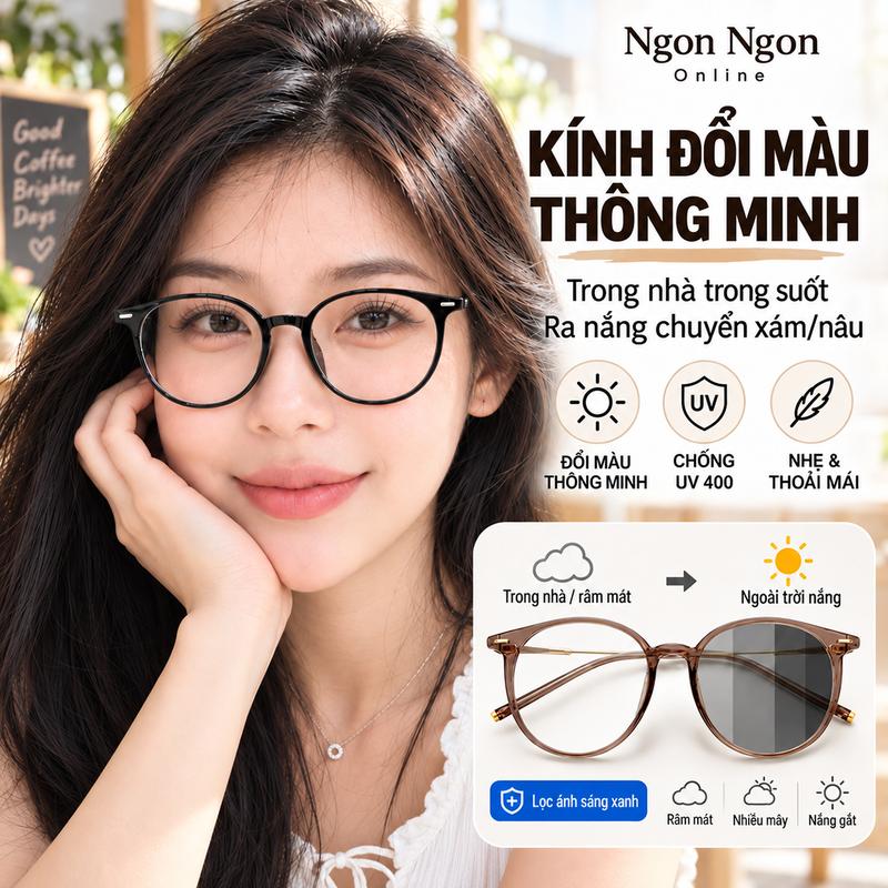 【Ngon Ngon】Kính Gọng Tròn Đổi Màu Tự Động UV400, Kính Chống Ánh Sáng Xanh, Có Độ Cận / Kính Lão / Không Độ, Nhẹ Dễ Đeo, Nam Nữ