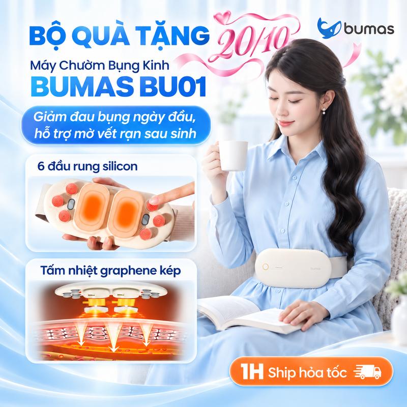 [Set quà 20/10] Đai Chườm Nóng Giảm Đau Bụng Kinh BUMAS BU01 - Massage Rung - Quà tặng bạn gái