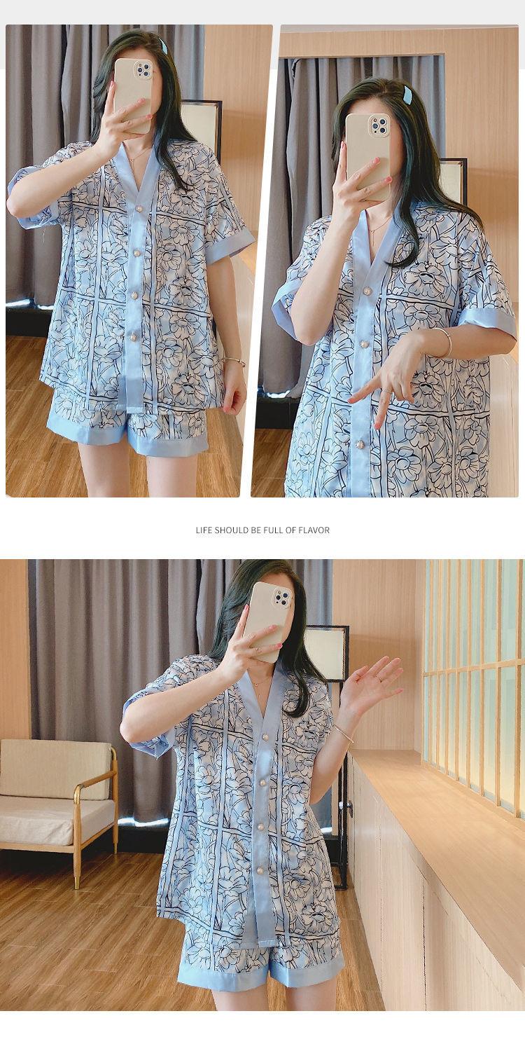 Product Introduction of Women's Pajamas 2022 New Summer Thin Ice Silk Cardigan Camellia Set Short Sleeve Cartoon Princess Style Loungewear 14