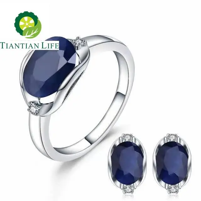 925 Sterling Silver Natural Blue Sapphire Gemstone Ring Earrings Jewelry Set