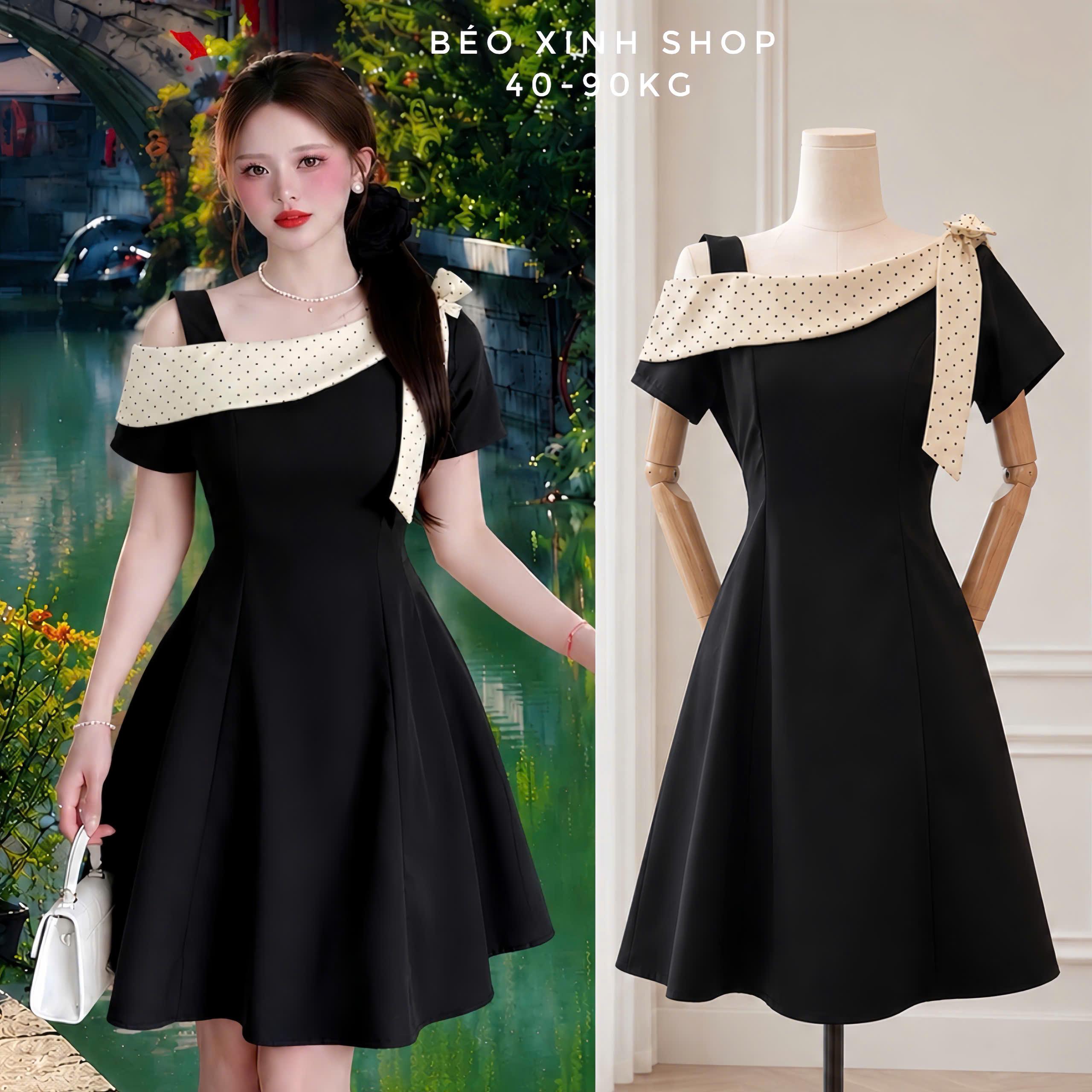 Váy Nữ Bigsize Cotton Lạnh Phối Chấm Bi Cổ Lệch, Form Xòe Che Dáng 40–90kg - B.1883