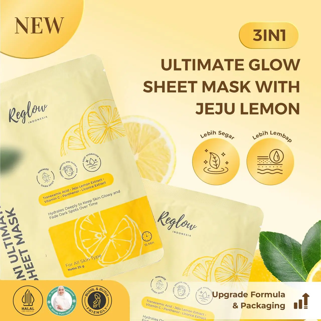 Reglow - Sheet Mask 3in1 Ultimate Glow dengan Jeju Lemon Perawatan Kulit Masker Wajah 25g - Mencerahkan, Pencerah