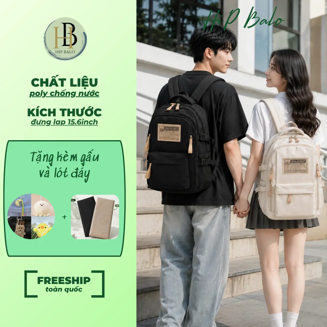 [Tặng Móc Gấu + Lót Đáy] HiP Balo - Balo Đi Học Thời Trang – Chống Nước Cao Cấp, Ngăn Laptop 15.6-17 Inch, Phong Cách Hàn Quốc Ulzzang