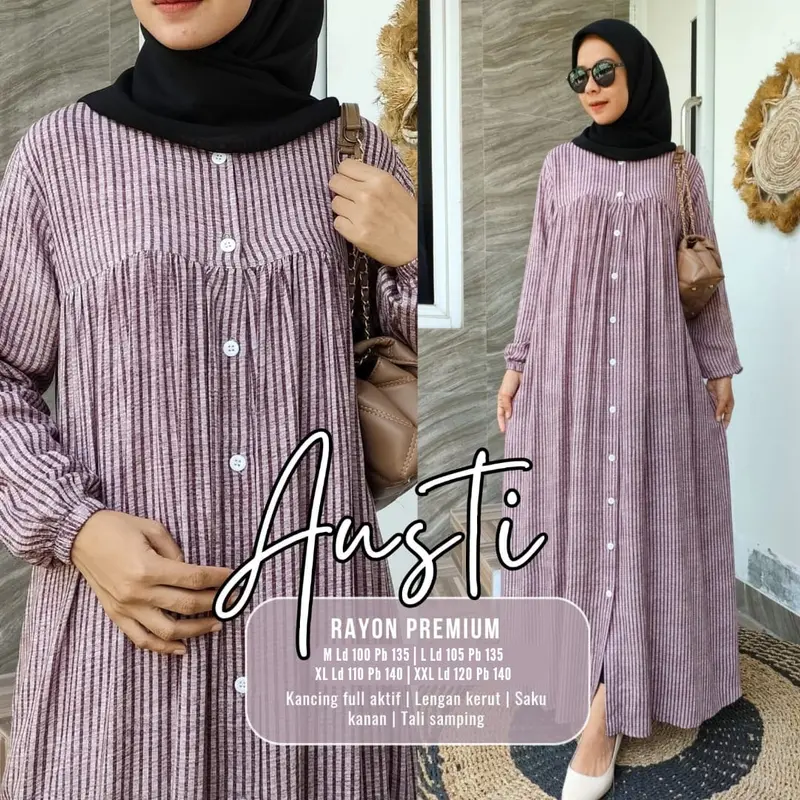Dress Rayon Salur Gamis Rayon Kacing Full Kancing Aktif Gamis Busui Kancing Muslim Rayon Katun Nyaman Wanita Mewah 0