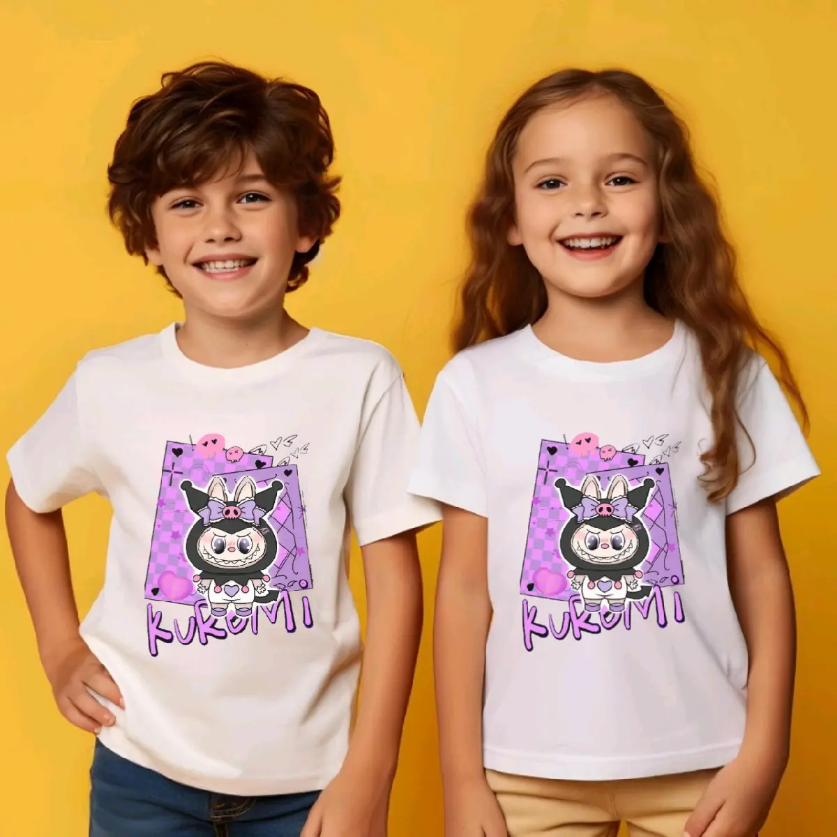 Baju Kaos Anak LABUBU x KUROMI Katun/Kaos Labubu Unisex Anak Perempuan dan Laki-Laki Nyaman Fashion Kuromi Labubu