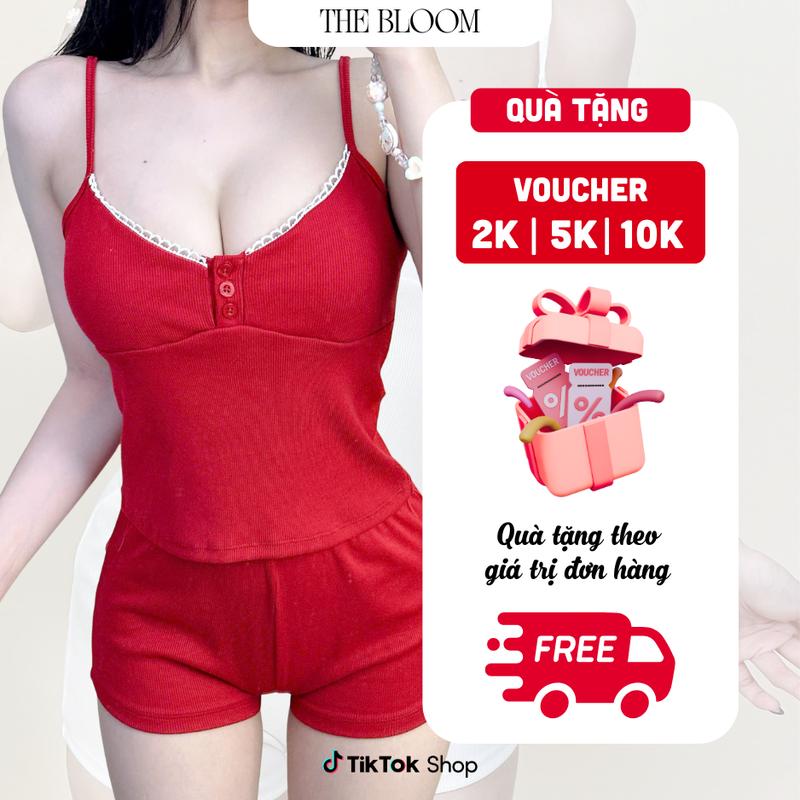 THE BLOOM [CÓ MÚT] Set Bộ Đồ Ngủ Nữ Áo 2 Dây Dáng Ôm Cổ Trụ Phối Nút Có Sẵn Mút Mềm Và Quần Đùi Dáng Ngắn, Set Ngủ Nữ Mùa Hè Quyến Rũ - SE054