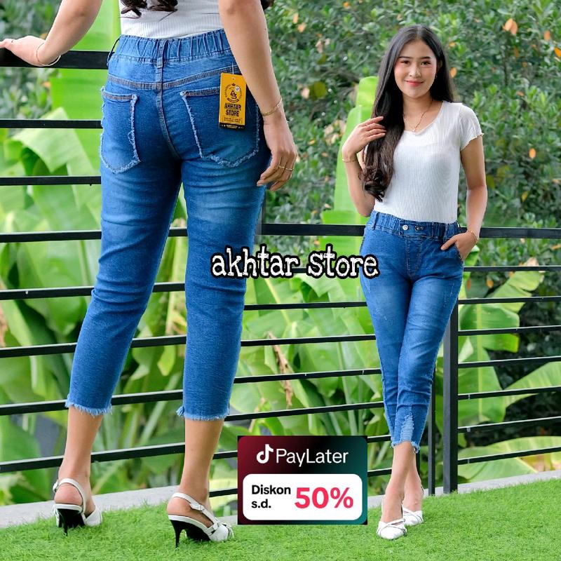 (AKHTAR-STORE) OLIVE JEANS 7/9 PINGGANG FULL KARET VARIASI KANCING AKTIF BAWAH RAWIS BAHAN TEBA HALUS LEMBUT MELAR Wanita Celana Tebal Hitam Dewasa Panjang Samping Kaki 0
