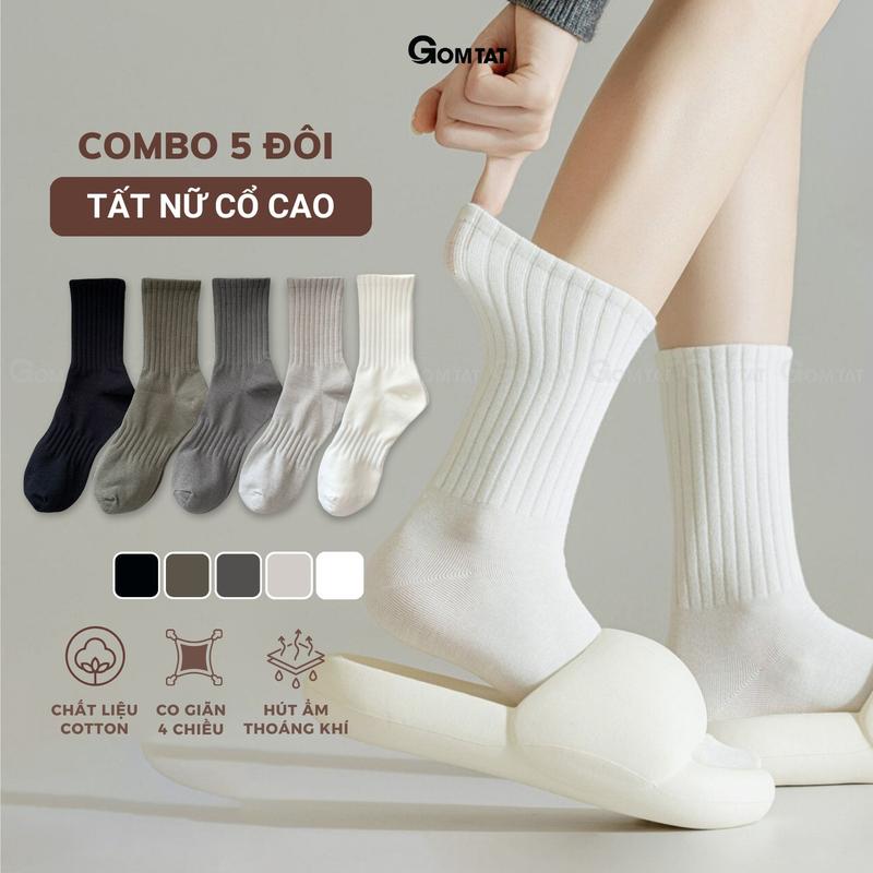 Combo 5 đôi tất nữ cổ cao GOMTAT, vớ cổ cao cotton sọc gân, kháng khuẩn, thoáng khí - OAS-1702-CB5