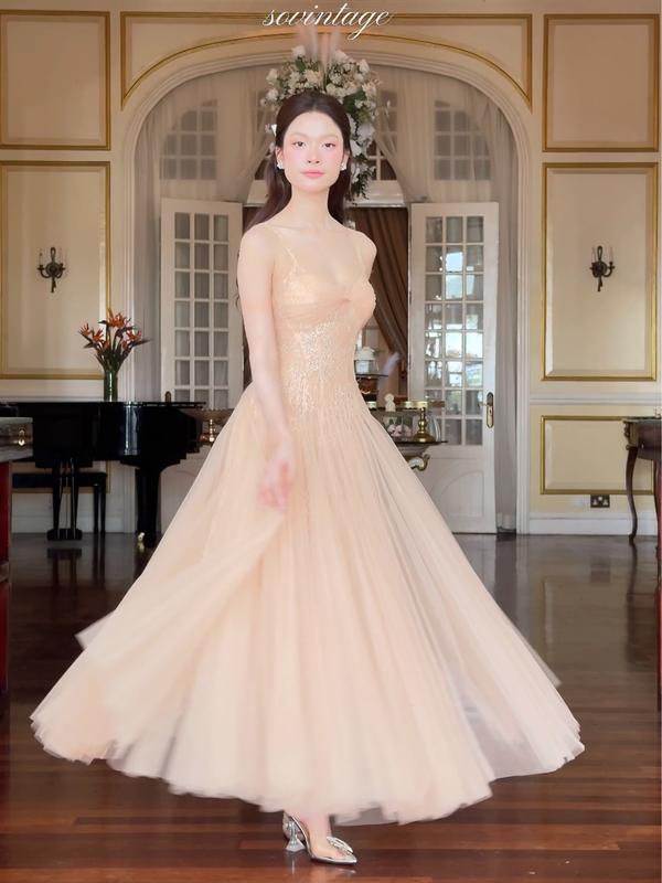 SÒ VINTAGE - GLORIA Đầm maxi ren kim sa phối lưới dáng xòe